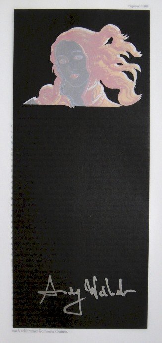ANDY WARHOL, Signed Print, 1983: Andy WARHOL, "Birth of Venus" signed Print. From a signed VIP book from 1983. Hand signed by Andy Warhol in silver pen. Two page with transpirant paper and printed on the back. Size: 11.4 x 5.5 in (29