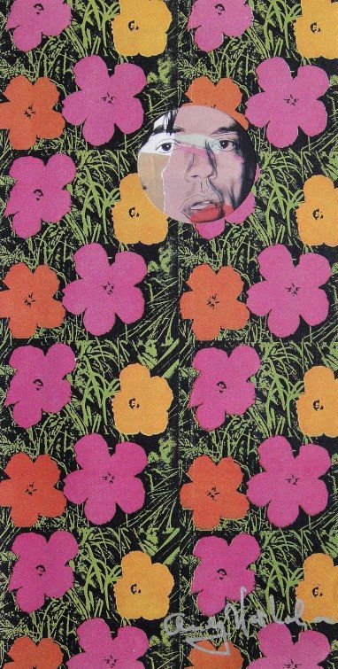 ANDY WARHOL, Signed Print, 1983: Andy WARHOL, "Flowers and Mick Jagger" signed Print. From a signed VIP book from 1983. Hand signed by Andy Warhol in silver pen. Two page with hole and printed on the back. Size: 11.4 x 5.5 in (29 x 1