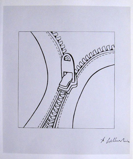 ROY LICHTENSTEIN, Signed Print, 1982: Roy LICHTENSTEIN, "Zipper" signed Offset Print. From a signed VIP book published in 1982 by Nationalgalerie Berlin / Staatliche Museen Preussischer Kulturbesitz. Hand signed by Lichtenstein in black p