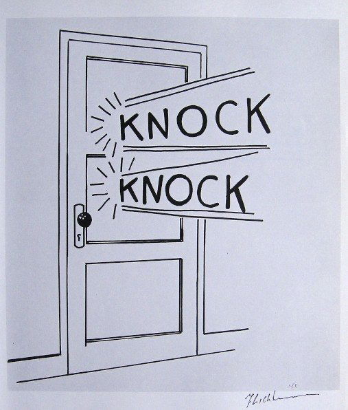 ROY LICHTENSTEIN, Signed Print, 1982: Roy LICHTENSTEIN, "Knock Knock" signed Offset Print. From a signed VIP book published in 1982 by Nationalgalerie Berlin / Staatliche Museen Preussischer Kulturbesitz. Hand signed by Lichtenstein in bl