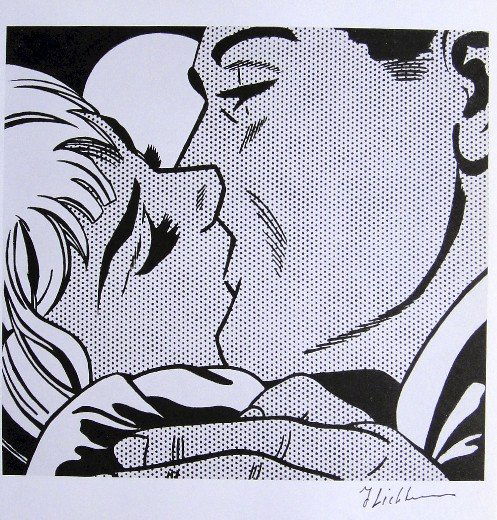 ROY LICHTENSTEIN, Signed Print, 1982: Roy LICHTENSTEIN, "Kiss" signed Offset Print. From a signed VIP book published in 1982 by Nationalgalerie Berlin / Staatliche Museen Preussischer Kulturbesitz. Hand signed by Lichtenstein in black pen