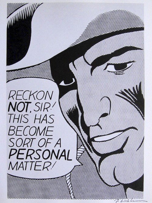 ROY LICHTENSTEIN, Signed Print, 1982: Roy LICHTENSTEIN, "Reckon not Sir!..." signed Offset Print. From a signed VIP book published in 1982 by Nationalgalerie Berlin / Staatliche Museen Preussischer Kulturbesitz. Hand signed by Lichtenstei