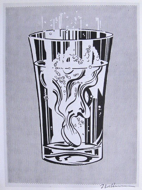 ROY LICHTENSTEIN, Signed Print, 1982: Roy LICHTENSTEIN, "Full Glass" signed Offset Print. From a signed VIP book published in 1982 by Nationalgalerie Berlin / Staatliche Museen Preussischer Kulturbesitz. Hand signed by Lichtenstein in bla