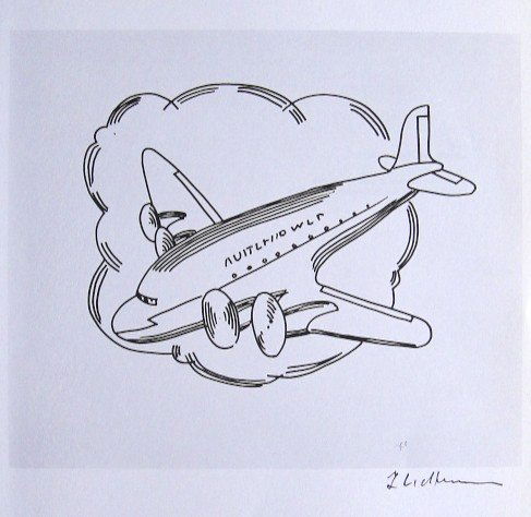 ROY LICHTENSTEIN, Signed Print, 1982: Roy LICHTENSTEIN, "Airplane" signed Offset Print. From a signed VIP book published in 1982 by Nationalgalerie Berlin / Staatliche Museen Preussischer Kulturbesitz. Hand signed by Lichtenstein in black