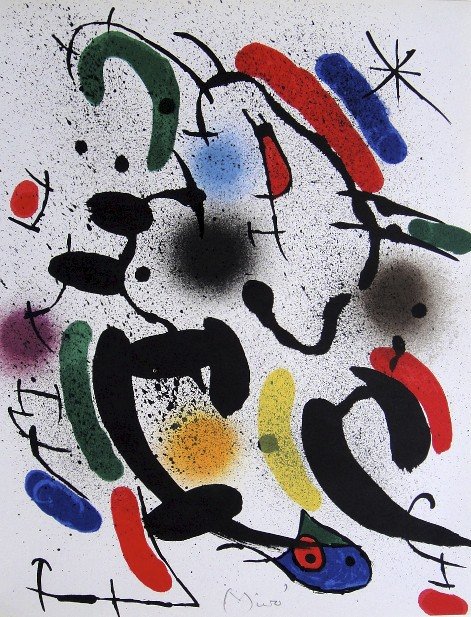 Joan MIRO, signed Lithograph, 1972: Joan Miro signed Lithograph from a VIP folder 1972. Hand signed by Miro in pencil. Lithograph: Fernand Mourlot, Paris. Editeur: Maeght, Paris; Prov: Michel Leiris, Paris. Size: 12.6 x 9.4 in (32 x 24 