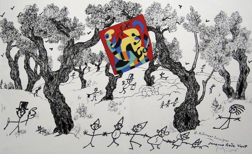 Joan Miro signed original Lithograph 1956: Joan Miro, original Lithographie from a VIP folder 1956. Hand signed by Miro in white pencil. Editeur: Galerie Maeght, Paris. Prov: Jacques Prevert, Georges Ribemont Size: 8.6 x 14.5 inches (22 x 37 c