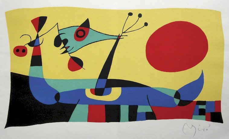 Joan Miro signed original Lithograph 1956: Joan Miro, original Lithographie from a VIP folder 1956. Hand signed by Miro in white pencil. Editeur: Galerie Maeght, Paris. Prov: Jacques Prevert, Georges Ribemont Size: 8.6 x 14.5 inches (22 x 37 c