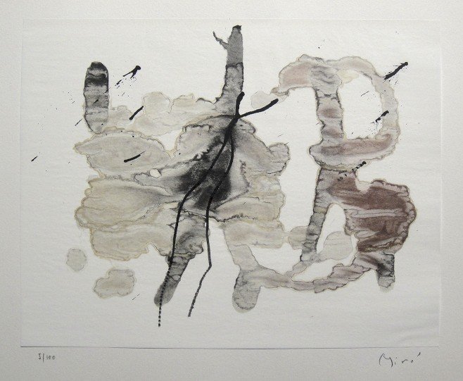 Joan Miro signed original Lithograph 1963: Joan Miro, original Lithographie from a VIP folder Trace sur l'eau "Suite d'aquarelles" 1963. Hand signed by Miro in pencil and numbered 5/100. Silk paper is glued on a base, signature on the base. Ed