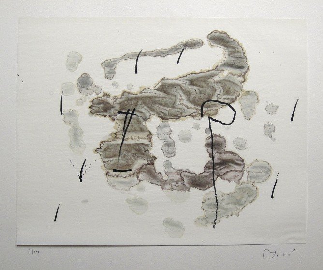 Joan Miro signed original Lithograph 1963: Joan Miro, original Lithographie from a VIP folder Trace sur l'eau "Suite d'aquarelles" 1963. Hand signed by Miro in pencil and numbered 5/100. Silk paper is glued on a base, signature on the base. Ed