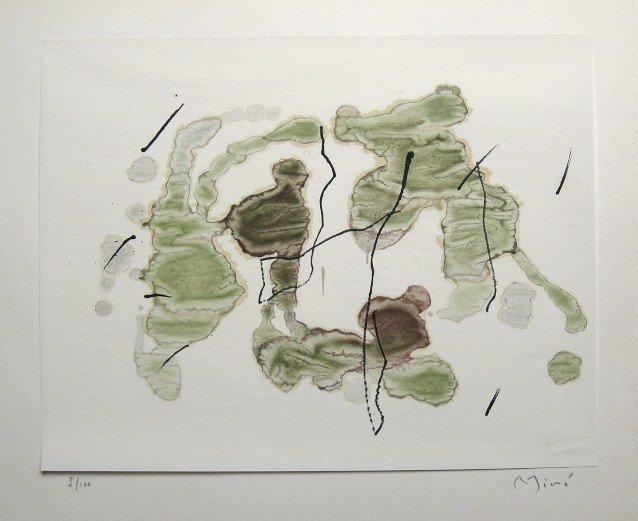 Joan Miro signed original Lithograph 1963: Joan Miro, original Lithographie from a VIP folder Trace sur l'eau "Suite d'aquarelles" 1963. Hand signed by Miro in pencil and numbered 5/100. Silk paper is glued on a base, signature on the base. Ed