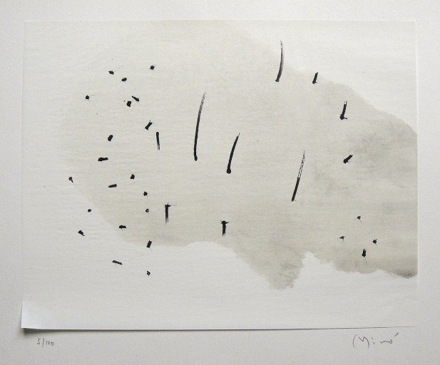 Joan Miro signed original Lithograph 1963: Joan Miro, original Lithographie from a VIP folder Trace sur l'eau "Suite d'aquarelles" 1963. Hand signed by Miro in pencil and numbered 5/100. Silk paper is glued on a base, signature on the base. Ed