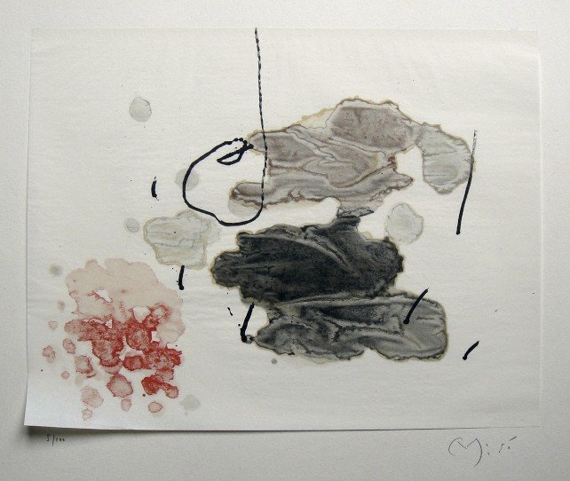 Joan Miro signed original Lithograph 1963: Joan Miro, original Lithographie from a VIP folder Trace sur l'eau "Suite d'aquarelles" 1963. Hand signed by Miro in pencil and numbered 5/100. Silk paper is glued on a base, signature on the base. Ed
