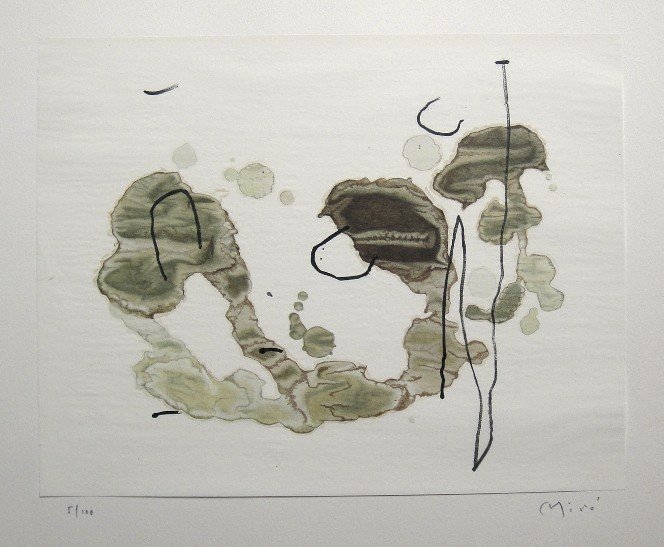 Joan Miro signed original Lithograph 1963: Joan Miro, original Lithographie from a VIP folder Trace sur l'eau "Suite d'aquarelles" 1963. Hand signed by Miro in pencil and numbered 5/100. Silk paper is glued on a base, signature on the base. Ed