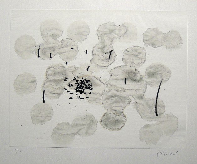 Joan Miro signed original Lithograph 1963: Joan Miro, original Lithographie from a VIP folder Trace sur l'eau "Suite d'aquarelles" 1963. Hand signed by Miro in pencil and numbered 5/100. Silk paper is glued on a base, signature on the base. Ed