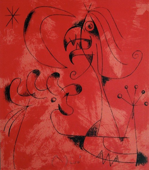 Joan Miro signed original Lithograph 1956: Joan Miro, original Lithographie from a VIP folder 1956. Hand signed by Miro in pencil. Editeur: Galerie Maeght, Paris. Prov: Jacques Prevert, Georges Ribemont Size: 8.6 x 7.5 inches (22 x 19 cm).