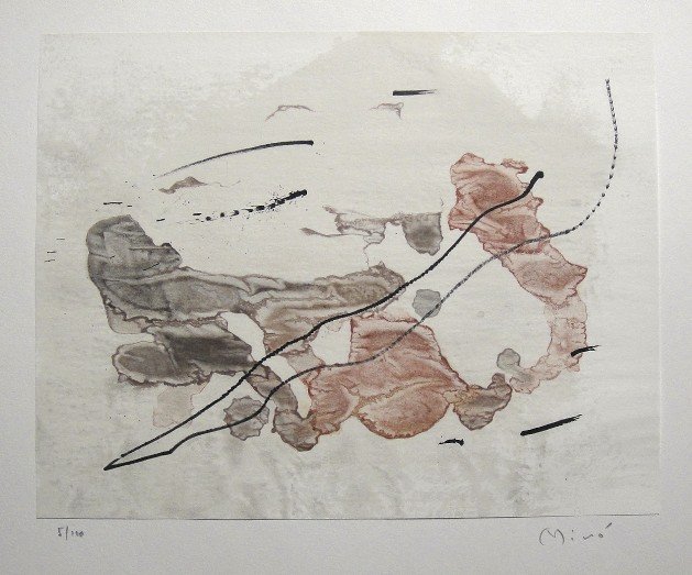 Joan Miro signed original Lithograph 1963: Joan Miro, original Lithographie from a VIP folder Trace sur l'eau "Suite d'aquarelles" 1963. Hand signed by Miro in pencil and numbered 5/100. Silk paper is glued on a base, signature on the base. Ed