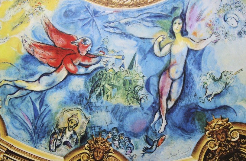 Marc Chagall, signed Print "Opera de Paris": Marc Chagall signed Print "Le Plafond de l'Opera de Paris". From a signed VIP folder. Hand signed by Chagall in pencil. Editeur: Andre Sauret, Monte Carlo. Prov: Galerie les Tourettes, Dr. A. Wertheim