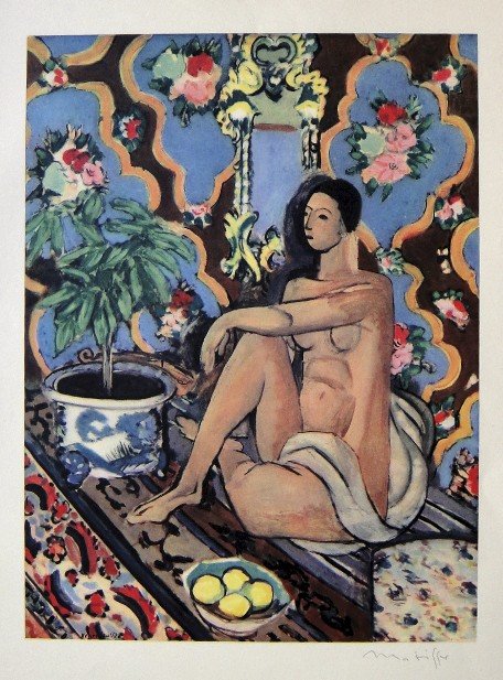 Henri Matisse signed Lithograph 1947: Henri Matisse signed Lithograph "Figure decorative sur fond fleuri" from a VIP folder. Preface de Jean Cassou, Conservateur du Musee d'Art Moderne 1947. Hand signed by Matisse in pencil. Editeur: Brau