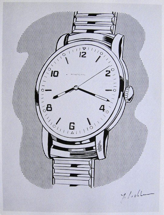 ROY LICHTENSTEIN, Signed Print, 1968: Roy LICHTENSTEIN, "Watch" signed Offset Print. From a signed VIP book Claes Oldenburg - Drawings and Prints. Published by Chelsea House, New York in 1968. Hand signed by Lichtenstein in black pen. Siz