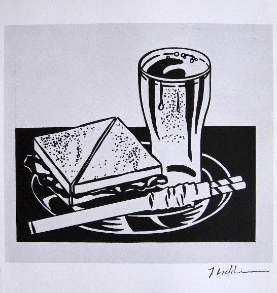 ROY LICHTENSTEIN, Signed Print, 1968: Roy LICHTENSTEIN, "Sandwich and Soda" signed Offset Print. From a signed VIP book Claes Oldenburg - Drawings and Prints. Published by Chelsea House, New York in 1968. Hand signed by Lichtenstein in bl