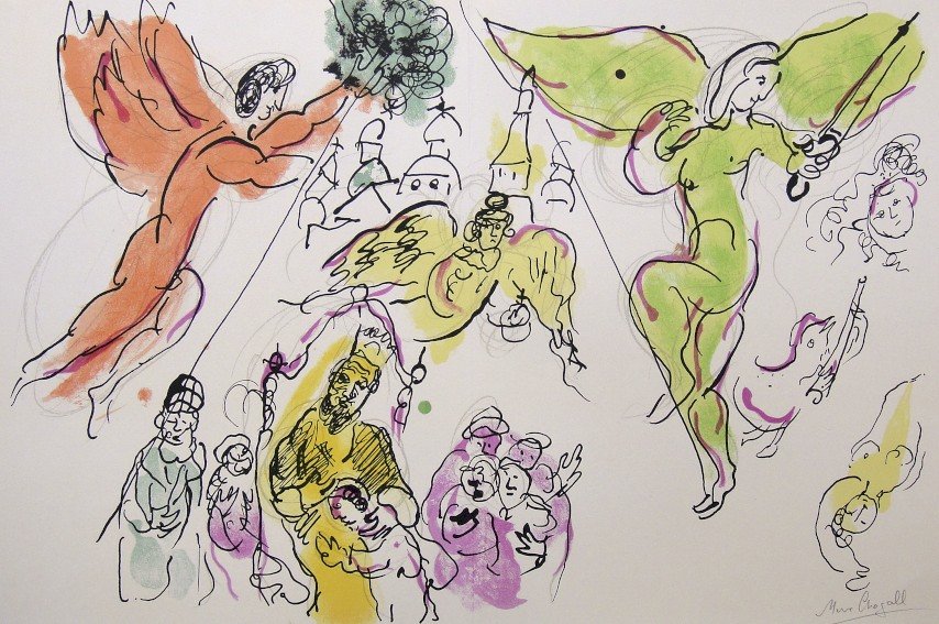 Marc Chagall, signed Lithograph "Opera de Paris": Marc Chagall signed Lithograph "Le Plafond de l'Opera de Paris". From a signed VIP folder. Hand signed by Chagall in pencil. Editeur: Andre Sauret, Monte Carlo. Prov: Galerie les Tourettes, Dr. A. Wer