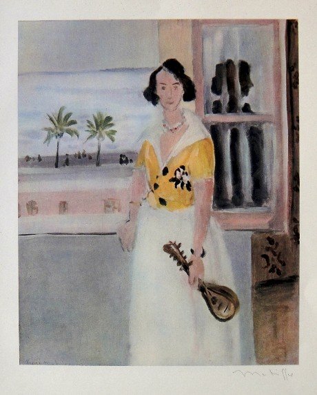 Henri Matisse signed Lithograph 1947: Henri Matisse signed Lithograph "Mandoliniste a la fenetre, corsage jaune" from a VIP folder. Preface de Jean Cassou, Conservateur du Musee d'Art Moderne 1947. Hand signed by Matisse in pencil. Editeu