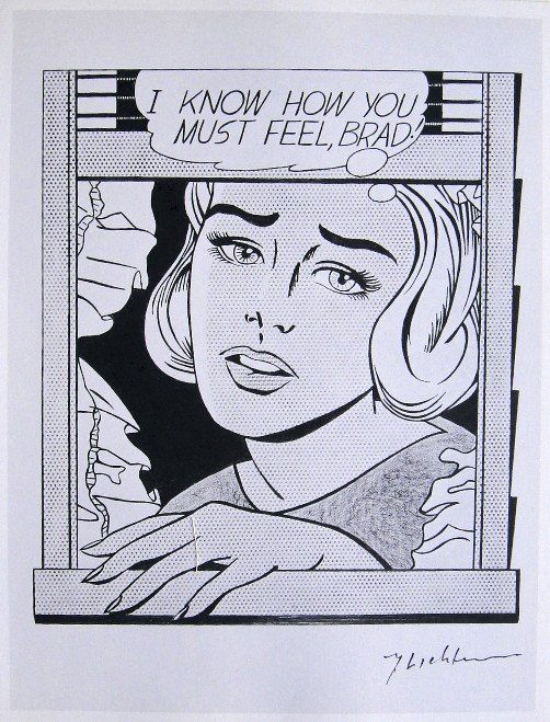 ROY LICHTENSTEIN, Signed Print, 1968: Roy LICHTENSTEIN, "I KNOW ... BRAD" signed Offset Print. From a signed VIP book Claes Oldenburg - Drawings and Prints. Published by Chelsea House, New York in 1968. Hand signed by Lichtenstein in blac