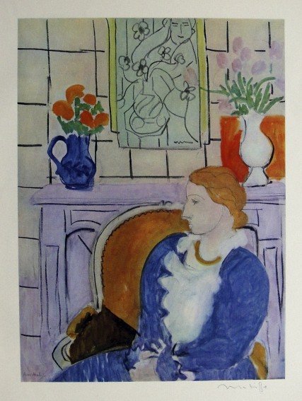 Henri Matisse signed Lithograph 1947: Henri Matisse signed Lithograph "Robe bleue dans un fauteuil ocre" from a VIP folder. Preface de Jean Cassou, Conservateur du Musee d'Art Moderne 1947. Hand signed by Matisse in pencil. Editeur: Braun