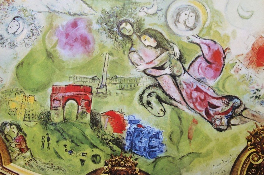 Marc Chagall, signed Print "Opera de Paris": Marc Chagall signed Print "Le Plafond de l'Opera de Paris". From a signed VIP folder. Hand signed by Chagall in pencil. Editeur: Andre Sauret, Monte Carlo. Prov: Galerie les Tourettes, Dr. A. Wertheim