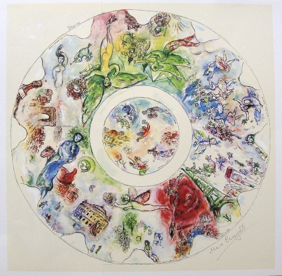 Marc Chagall, signed Lithograph "Opera de Paris": Marc Chagall signed Lithograph "Le Plafond de l'Opera de Paris". From a signed VIP folder. Hand signed by Chagall in pencil. Editeur: Andre Sauret, Monte Carlo. Prov: Galerie les Tourettes, Dr. A. Wer