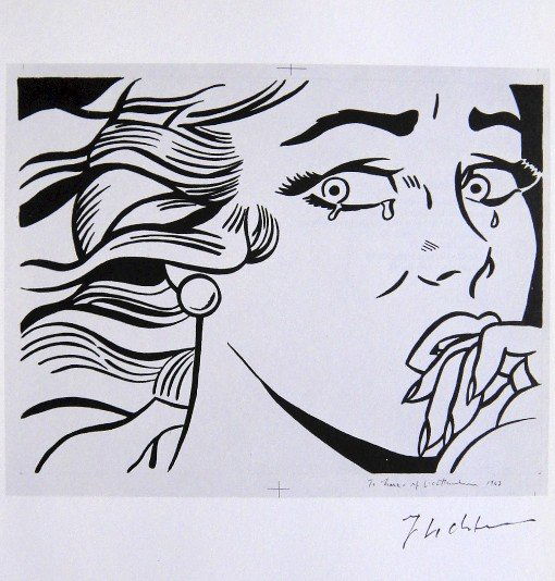 ROY LICHTENSTEIN, Signed Print, 1968: Roy LICHTENSTEIN, "Crying Girl" signed Offset Print. From a signed VIP book Claes Oldenburg - Drawings and Prints. Published by Chelsea House, New York in 1968. Hand signed by Lichtenstein in black pe