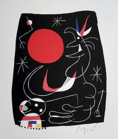 Joan Miro signed original Lithograph 1956: Joan Miro, original Lithographie from a VIP folder 1956. Hand signed by Miro in pencil. Editeur: Galerie Maeght, Paris. Prov: Jacques Prevert, Georges Ribemont Size: 8.6 x 7.5 inches (22 x 19 cm).