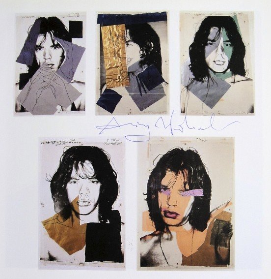 ANDY WARHOL, Signed Print, 1982: Andy WARHOL, "Mick Jagger" signed Print. From a signed VIP book from 1982. Hand signed by Andy Warhol in blue pen. Size: 8.3 x 7.1 in (21 x 18 cm) printed on the back.