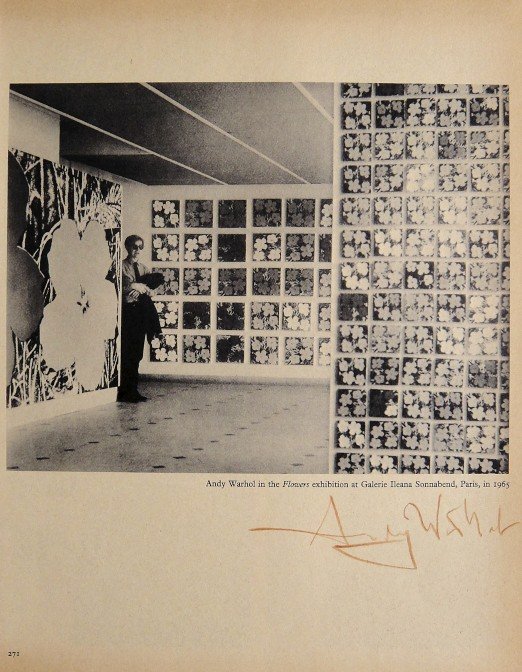 ANDY WARHOL, Signed Special Print, 1965: Andy WARHOL, "Andy Warhol in The Flowers exhibition..." signed special Print. From a signed VIP book from 1965. Hand signed by Andy Warhol in brown crayon. Printed on the back, number and title. Size: