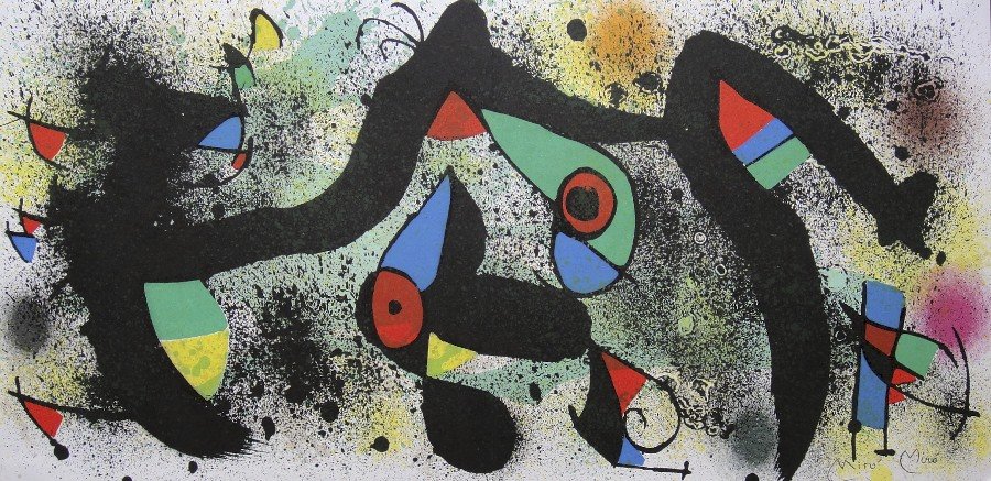 Joan Miro, signed Print, 1974: Joan Miro, signed Print from a VIP folder "Oeuvre Graphique original - Sculpture" 1974. Hand signed by Miro in pencil and signature in the plate. Prov: Galerie Maeght, Paris. Size: 10.9 x 22.3 inches 