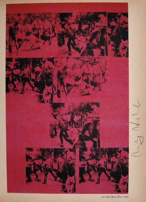 ANDY WARHOL, Signed Special Print, 1965: Andy WARHOL, "Red Race Riot" signed special Print. From a signed VIP book from 1965. Hand signed by Andy Warhol in brown crayon. Printed on the back, number and title. Size: 10.6 x 7.8 in (27 x 20 cm)