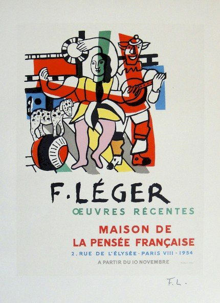 Fernand Leger Lithograph Ecole de Paris: Original lithograph from a special VIP folder, 1954. Hand signed by Fernand Leger in pencil. Lithograph: Fernand Mourlot, Paris. Editeur: Maison de la Pensee, Francaise. Prov: Maison de la Pensee, Fra