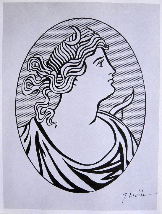 ROY LICHTENSTEIN, Signed Print, 1968: Roy LICHTENSTEIN, "Medallion" signed Offset Print. From a signed VIP book Claes Oldenburg - Drawings and Prints. Published by Chelsea House, New York in 1968. Hand signed by Lichtenstein in black pen.