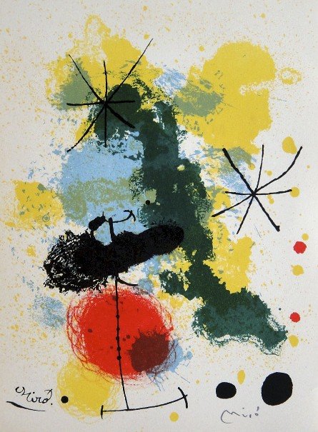Joan Miro, original Lithograph, 1964: Joan Miro, original lithograph from a VIP folder "Lithograph from the Mourlot Press" 1964. Signed in the palte and hand signed by Miro in pencil. Exhibition sponsored by the French Embassy. Circulated