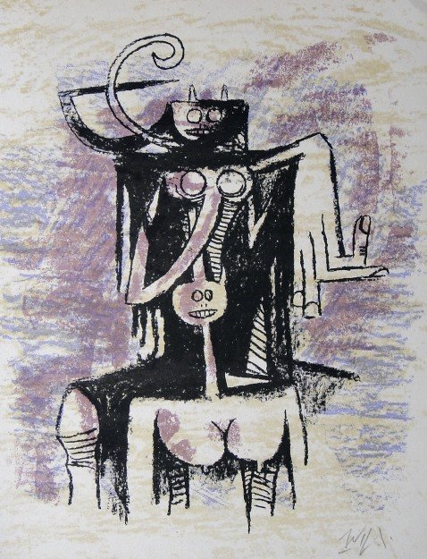 Wifredo Lam, original signed Lithograph, 1974: Wifredo Lam, original Lithograph from a VIP folder 1974. Hand signed by Lam in pencil. Prov: Fernand Mourlot, Paris. Size: 12.1 x 9 inches (31 x 23 cm).