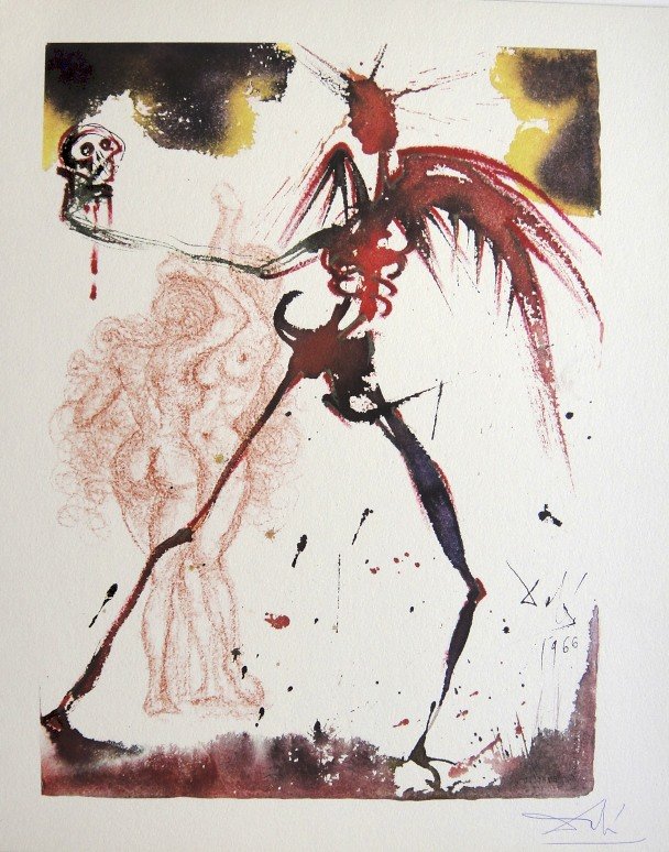 Salvador Dali signed original Lithograph 1971: Original lithograph by Salvador Dali "Et ne nos inducas in tentationem", from a signed VIP folder "Il testo dell Pater Noster". Hand signed by Dali blue pen. Les Editions II Rizzoli, Milano 1971. Size