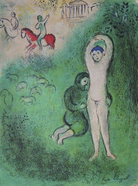 Marc Chagall, signed Lithograph "Daphnis and Chloe": Original Lithograph from Marc Chagall "Daphnis and Gnatho" (Mourlot 343), from a signed VIP book "Daphnis and Chloe. Hand signed by Marc Chagall in black ink. Les Editions II Verve, Paris 1961. Size: 