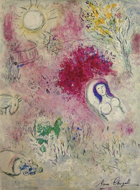 Marc Chagall, signed Lithograph "Daphnis and Chloe": Original Lithograph from Marc Chagall "Chloe" (Mourlot 339), from a signed VIP book "Daphnis and Chloe. Hand signed by Marc Chagall in black ink. Les Editions II Verve, Paris 1961. Size: 12.6 x 9 inch
