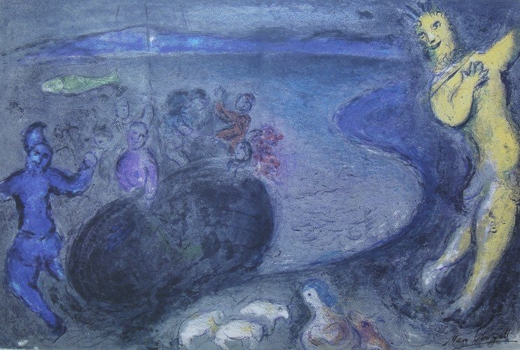 Marc Chagall, signed Lithograph "Daphnis and Chloe": Original Lithograph from Marc Chagall "The Dream of Bryaxis" (Mourlot 328), from a signed VIP book "Daphnis and Chloe. Hand signed by Marc Chagall in black ink. Les Editions II Verve, Paris 1961. Size