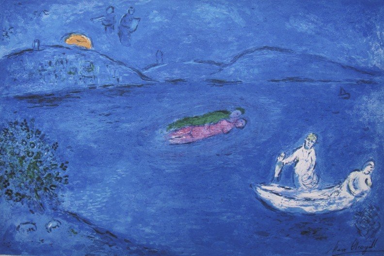 Marc Chagall, signed Lithograph "Daphnis and Chloe": Original Lithograph from Marc Chagall "Echo" (Mourlot 340), from a signed VIP book "Daphnis and Chloe. Hand signed by Marc Chagall in black ink. Les Editions II Verve, Paris 1961. Size: 12.6 x 18.5 in