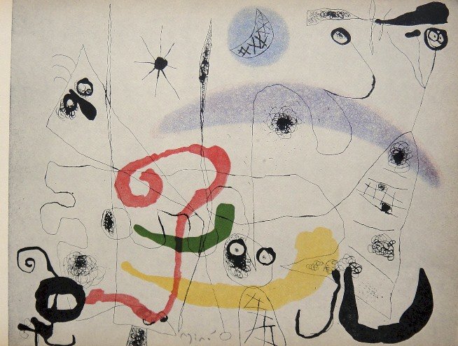 JOAN MIRO, Signed Lithographie 1954: Signed Lithograph by Joan MIRO, 1954. Hand signed by Joan Miro in pencil. This lithograph was part of the signed VIP book "The Graphic Work". Prov: Mourlot/AimŽ Maeght; StŠdtische Galerie MŸnchen/K