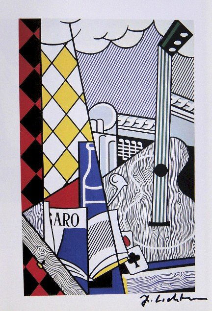 ROY LICHTENSTEIN, Signed Print, 1982: Roy LICHTENSTEIN, signed Offset Print "Cubist Still Life". From a signed VIP book published in 1982 by Nationalgalerie Berlin / Staatliche Museen Preussischer Kulturbesitz. Hand signed by Lichtenstein