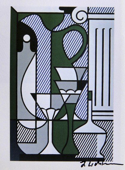 ROY LICHTENSTEIN, Signed Print, 1982: Roy LICHTENSTEIN, signed Offset Print "Purist Painting with Pitcher and Glass". From a signed VIP book published in 1982 by Nationalgalerie Berlin / Staatliche Museen Preussischer Kulturbesitz. Hand s