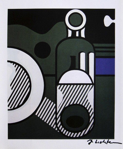 ROY LICHTENSTEIN, Signed Print, 1982: Roy LICHTENSTEIN, signed Offset Print "Purist Painting in Green". From a signed VIP book published in 1982 by Nationalgalerie Berlin / Staatliche Museen Preussischer Kulturbesitz. Hand signed by Licht
