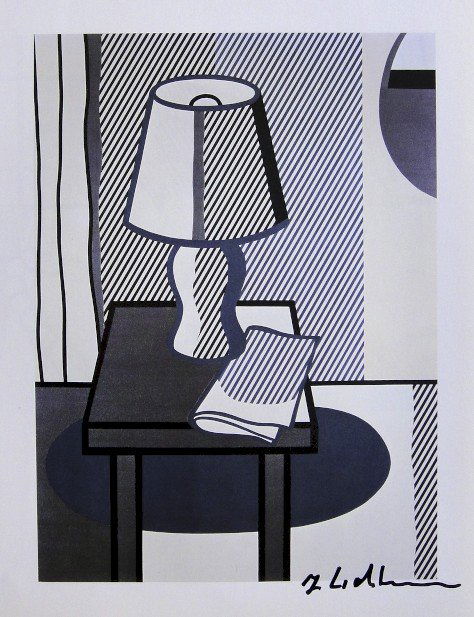 ROY LICHTENSTEIN, Signed Print, 1982: Roy LICHTENSTEIN, signed Offset Print "Still Life with Table Lamp". From a signed VIP book published in 1982 by Nationalgalerie Berlin / Staatliche Museen Preussischer Kulturbesitz. Hand signed by Lic
